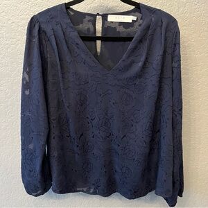ASTR the Label long sleeve navy blue blouse with floral lace pattern Small
